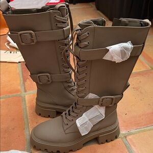 Zara Taupe Lace-Up Combat Boots
